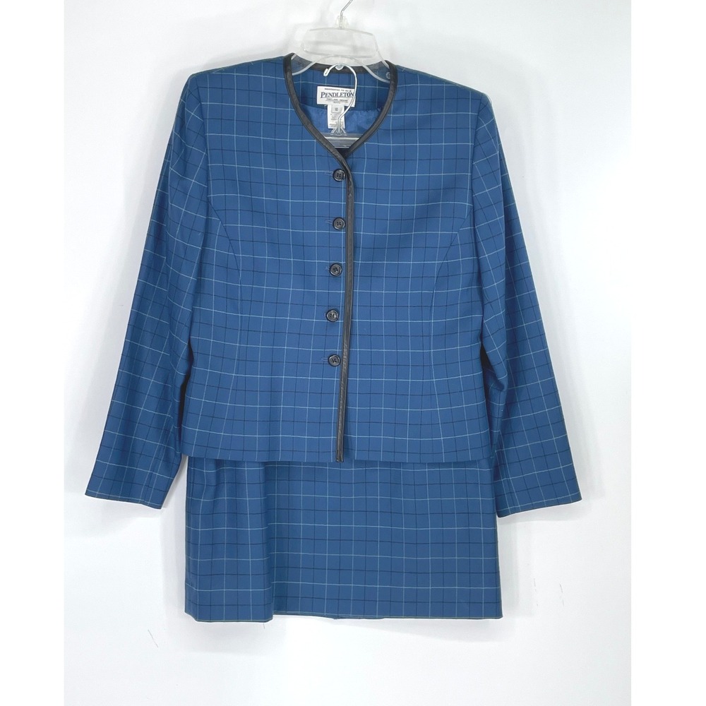 Pendleton Womens Skirt Suit 10P Set Blue Grid Wool Herringbone Preppy Academia